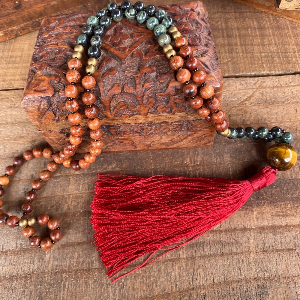 โจGREEN JASPER/ROSEWOOD/TIGER EYE MALA NECKLACE - Picture 2 of 16